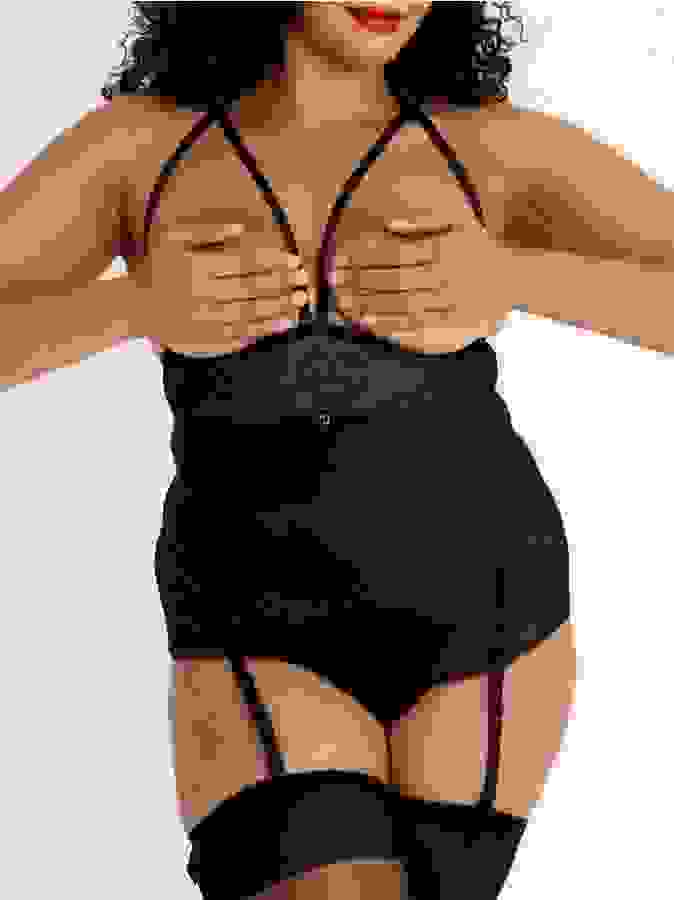 Lovehoney Plus Size Hourglass Black Smoothing Open-Cup Body, Black, hi-res